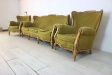 Chippendale Barock Sofa Garnitur Couch Sessel 3er Set Grün Samt Antik um 1900 