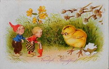 Fritz Baumgarten - 2 kleine ZWERGE begegnen frisch geschlüpftes Küken - c1930