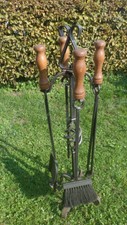 ALTES KAMINBESTECK / Kamingarnitur SCHMIEDEEISEN ca. 80cm HOCH HOLZGRIFFE HANDAR