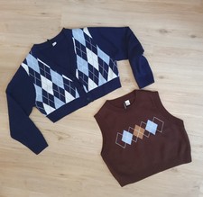 2 Teile Weste - Strickweste - Strickjacke kurz H&M Karo Muster -Gr. M - wie neu