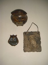 3 EULEN Konvolut Windlicht Ton Stein Wachs Bild Wand Tiere Deko retro vintage