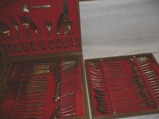 Besteck Essgruppe für 8, thiland Bronze/Messing versilbert Finish + Holz Box 92 Stück