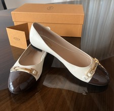 TOD'S Damen Ballerina beige ecru dunkelbraun goldene Schnalle wie neu Karton top