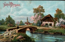 AK Pfingsten Glückwunsch, Künstler,  Fluss Brücke Schafe Haus,  Kleinformat