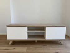 TV Lowboard Unterschrank Eiche Weiß Massive Board Für Flat TV 145 cm Soft Touch