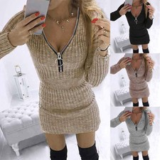 Damen Reißverschluss V-Neck Bodycon Strickkleid Langarm Pulloverkleid Pullikleid