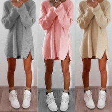 Damen Strick Pullover Pulli Tunika Oberteil Shirt Tuniken Longsleeve Kleid KG2