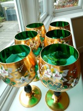  Seltene Murano Salvadori Tre Fuochi goldvergoldete grüne Weingläser 6er Set 325ml