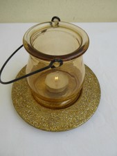 Vintage Windlicht Kerzenhalter 70er Jahre Glas+Henkel+Metallteller mit Glitzer