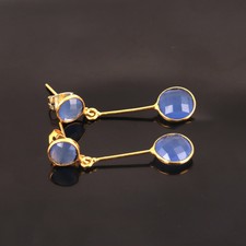 Blau Chalzedon Vergoldet Handmade Ohrstecker Lang Statement Ohrring Schmuck