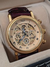 Automatik Damen Herren Armbanduhr Gold Skelett Automatic 3 ATM Uhr Leder Armband