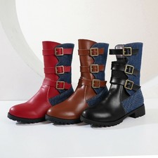 Große Größe Damen Cowboy Party Blockabsatz Schnalle Wadenlänge Motorradstiefel46