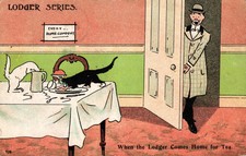 Comic Postkarte 1906 Untermieter Serie Katzen auf Tisch verschüttete Milch Zuhause für Tee Duplex