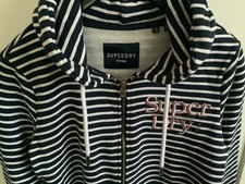 wie Neu Super Dry Sweatshirt Jacke Pullover Blau Weiß gestreift Kapuze Größe 38