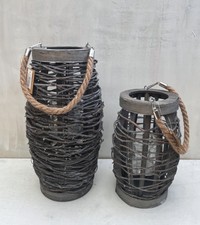 2er Set Holz Windlicht Laterne Landhaus Shabby Kerzenhalter 26cm + 37cm grau NEU