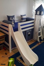 Hochbett Spielbett Kinderbett mit Rutsche Turm Vorhang blau 90x200 Jugendbett
