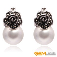 Tibetischen Silber Blume Märkasit Ohrstecker Huggie Ohrringe Schmuck Runde Edelstein UK