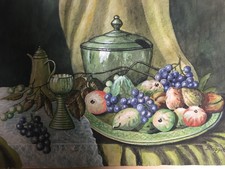 B Kappitz  : Stilleben Gedeckter Obst- Tisch und Weinkaraffe Aquarell