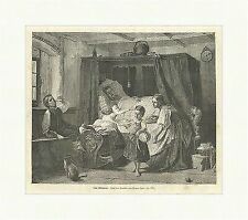 Eine Wöchnerin Holzstich Mutter Bett Säugling Wiege Kinder Baby Katze  E 1295