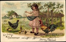 Präge Litho Glückwunsch Ostern, Mädchen füttert Huhn und Küken, Hahn - 2932906