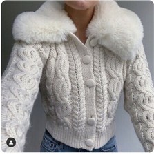 ZARA BLOGGERS CREME ECRU KABELSTRICK PELZVERKLEIDUNG CARDIGAN UK GRÖSSE 8-10 (S)