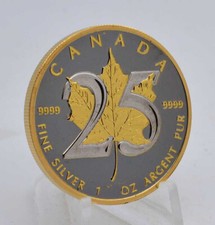 1 OZ Silber 25 Jahre Maple Leaf Canada 2013 Ruthenium Gold gilded Lagerräumung