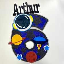 Space Birthday personalisierte Glitzerrakete Astronaut Thema Kuchen Topper