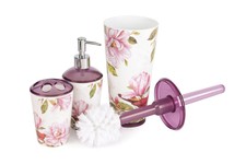 3 tlg.Bad-Set Seifenspender-Zahnbürstenhalter-WC Bürste Motiv Magnolie Pink Rosa