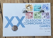 GB MÜNZE ROYAL NEUWERTIG BRIEFMARKEN ERSTER TAG COVER 2014 COMMONWEALTH SPIELE MIT 50p NEUWERTIG