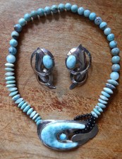 Halskette/Collier+ Ohrringe Silber 925/ Larimar  2er Set Handarbeit Vintage 