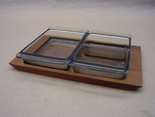 Holzschale mit Glaseinsätzen, 60er Jahre Anbieteschalen, Rauchglas, Schale Holz.