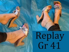 High Heel Holz Pantoletten REPLAY  Muls Zoccoli Pin up Silber Gr 41