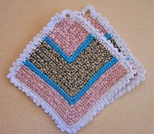 2 Topflappen, Baumwolle, ca 20cm, RosaGrünRosaWeiß, Handarbeit, gehäkelt