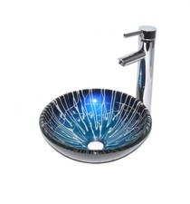 A99 Glas Waschbecken Modern Set Stilvoll Rund Ablaufgarnitur Armatur Wasserhahn