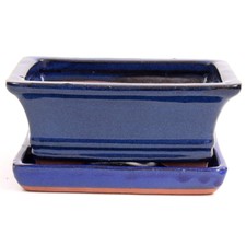 Bonsai - Schale eckig,  16,5 x 11,5 x 7 cm, blau, mit Untersetzer 23809