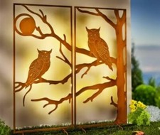XXL LED Garten Deko Eulenpaar Eulen Gartenstecker 2er Metall Rost Optik Timer
