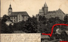 AK Schwarzenberg im Erzgebirge. Schloss und Kirche Dampflokomotive Gleis1905 gel