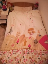 ** Baby- Kinder-Bettwäsche Vertbaudet Hasen Blumen weiß-ocker-pink 3-teilig **