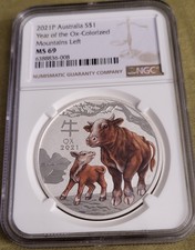 2021 Lunar 1 Oz Farbe Ochse coloriert - NGC MS69 farbig Silber