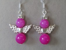 HOT Pink Jade & funkelnd Strass Schutzengel Sterlingsilber Ohrringe