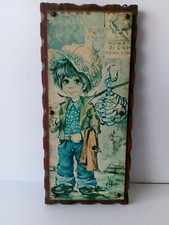 Vintage Wall Hanging Acryl Malerei Boy hölzernen Plattform 1990 Innenraum Akzent