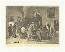 Eine Kirchenvorstands Sitzung Kulle Männer Stühle Bank Tische Holzstich E 6820