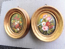 2 MINIATUR BLUMEN STILLEBEN ÖLGEMÄLDE HOLZ-GOLDRAHMEN OVAL