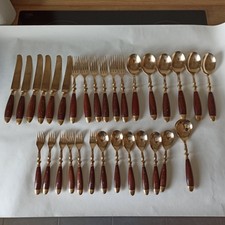Besteck Messing poliert mit Rosenholzgriffen 31 Teile für 6 Personen  50er Jahre