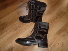 NEU moderne Winter Stiefel Gr.41 FELL Denim Leder Braun Schnallen RV geschnürt