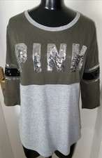 Victoria Secret Pink Pailletten Shirt Grün Grau Baumwolle Mix Gr S, 36, 38 ❤️