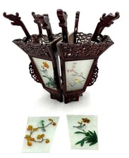 Alter chinesischer Lampenschirm / Deckenlampe - Holz & Glas - Handarbeit - 34 cm