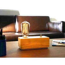 Design Tischleuchte Holz Quader Dimmer Metall Schalter Fuß Tischlampe - B-WARE
