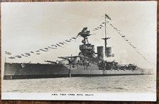 RPPC ANBLICK AUF DAS BRITISCHE KÖNIGLICHE MARINESCHIFF H.M.S TIGER FEUERN KÖNIGLICHER GRÜSS & FLAGGEN