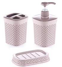 Rattan Kunststoff Badezimmer Set Seifenspender Zahnbürste Halter Becher Seifen Schale Pink
